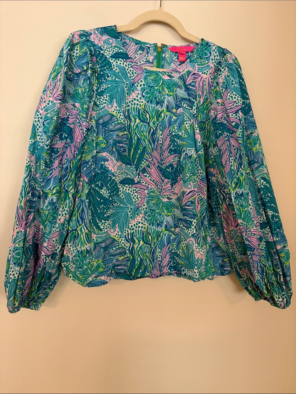 Lilly Pulitzer Teal Floral Puff-Sleeve Blouse